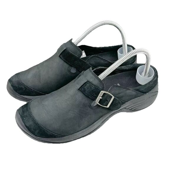 Merrell Encore Buckle Black Nubuck Leather Slip On Mules Clogs Shoes Womens 8.5 - Picture 2 of 12